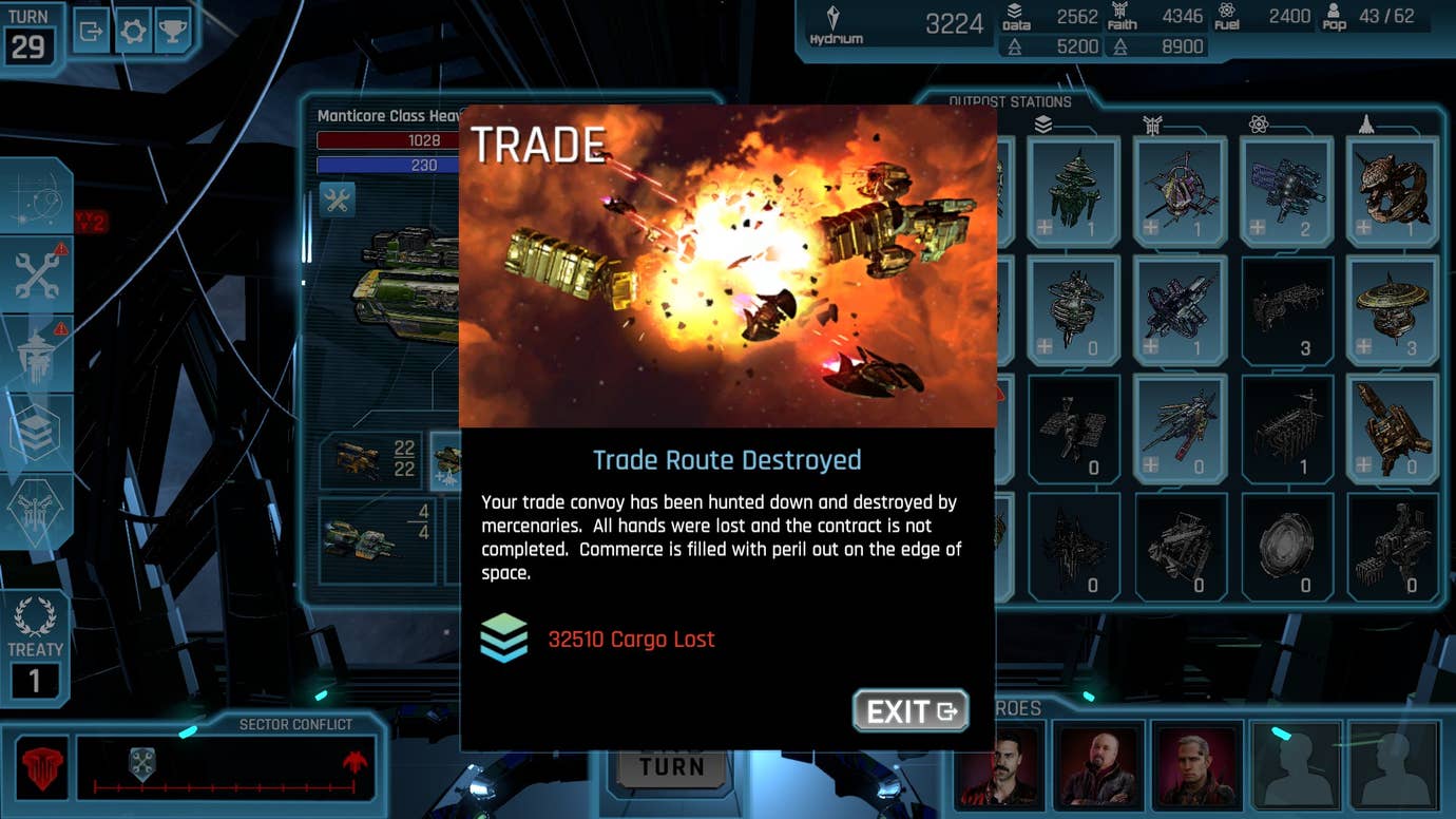 A notice telling you a trade route has been destroyed in Hyper Empire.